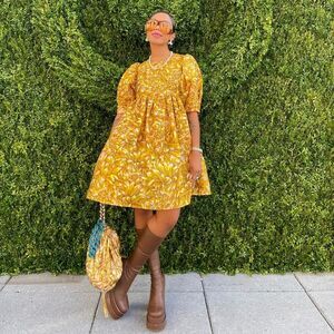 Floral Babydoll Dress Puff Sleeve Medium Gold / Butter Yellow NWT